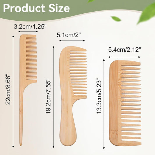 3PCS Bamboo Comb Natural Wooden Comb for Women