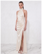 Ablaze Ivory Draped Backless Halter Gown