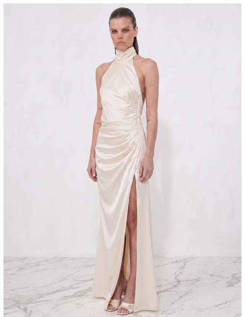 Ablaze Ivory Draped Backless Halter Gown