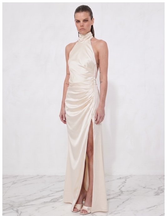 Ablaze Ivory Draped Backless Halter Gown