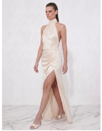 Ablaze Ivory Draped Backless Halter Gown