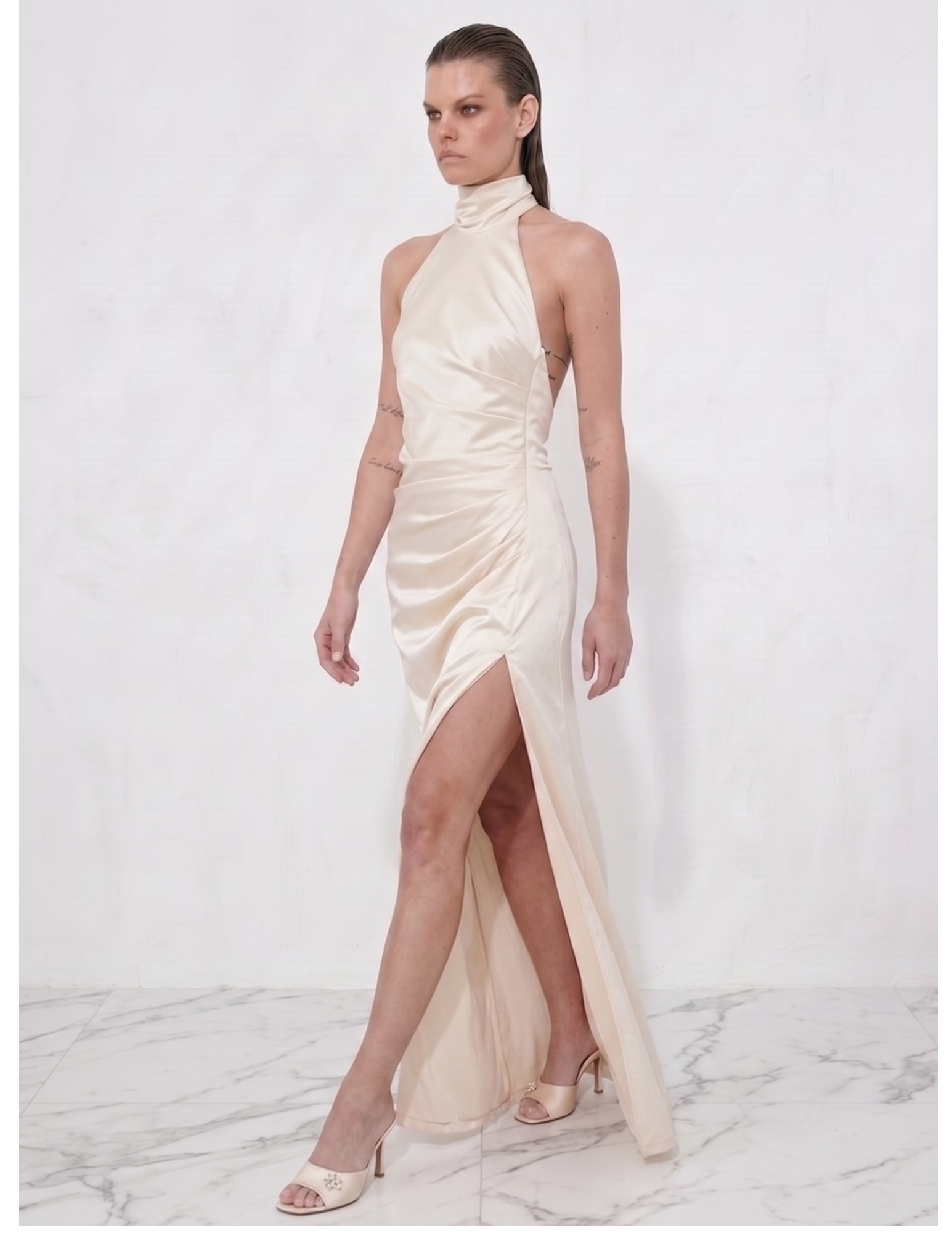 Ablaze Ivory Draped Backless Halter Gown