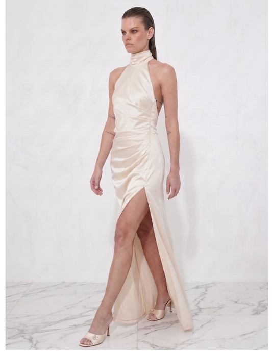 Ablaze Ivory Draped Backless Halter Gown