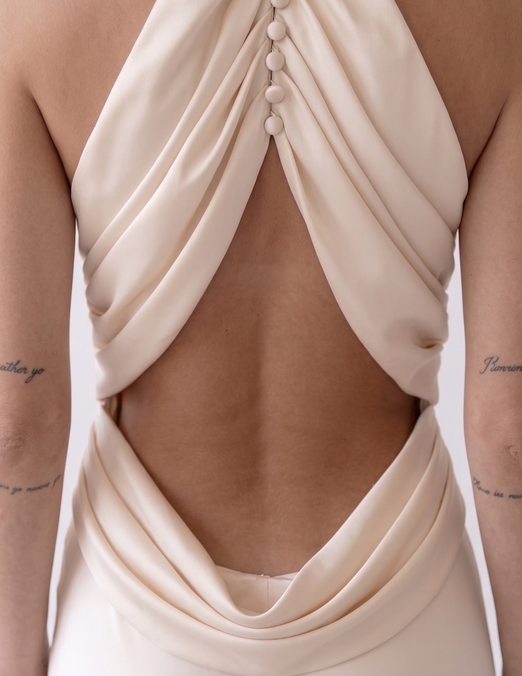 Ablaze Ivory Draped Backless Halter Gown