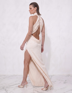 Ablaze Ivory Draped Backless Halter Gown