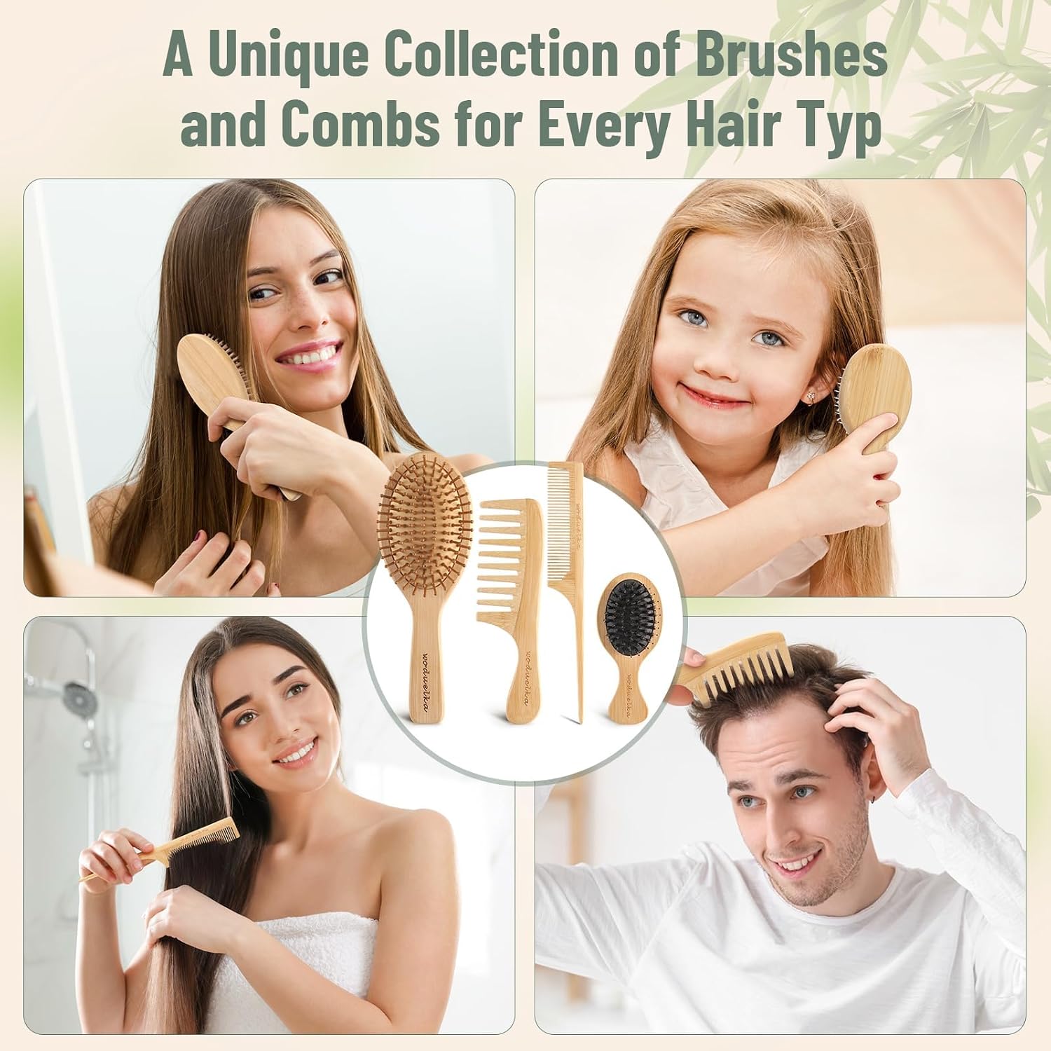 5 Pack Bamboo Hair Brush Set for Hair Growth, Detangling Comb Set