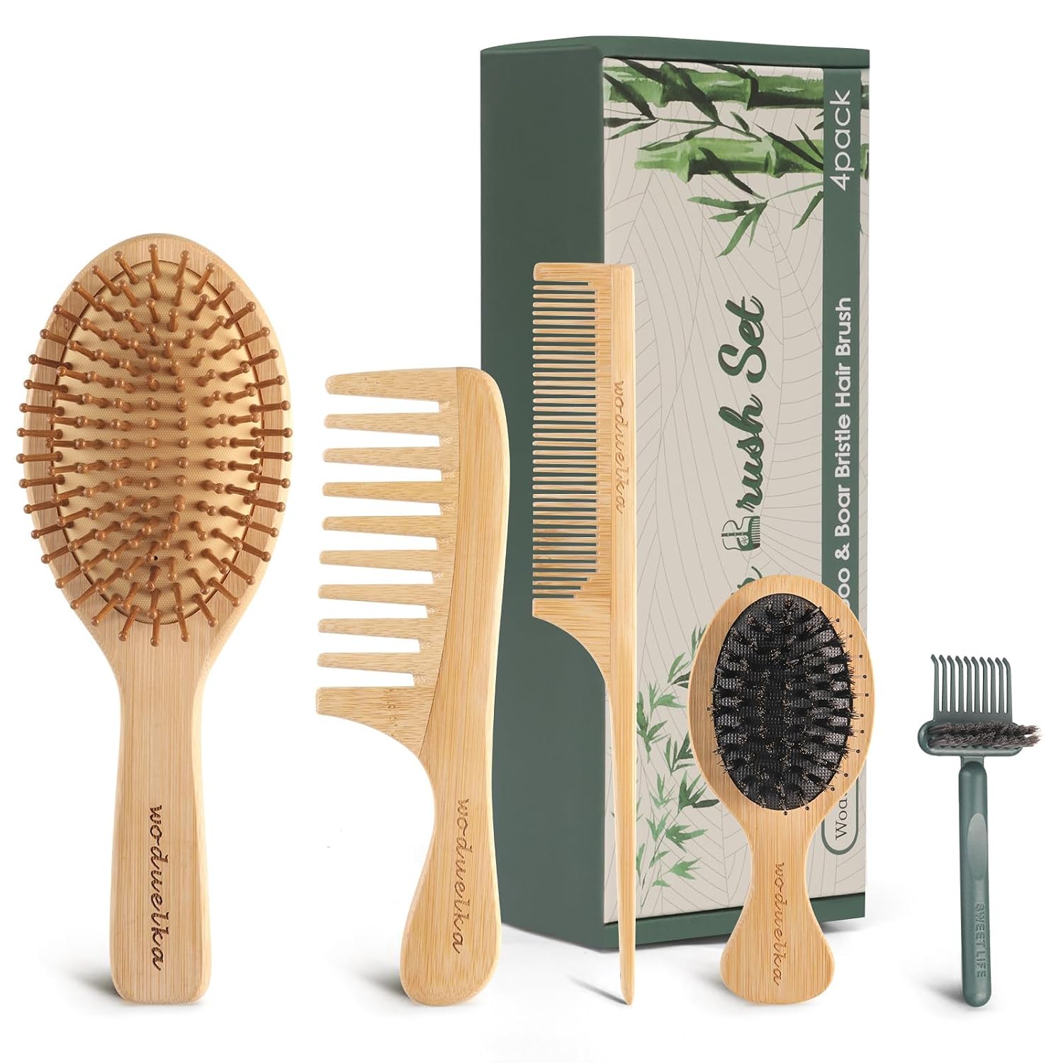5 Pack Bamboo Hair Brush Set for Hair Growth, Detangling Comb Set