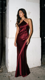 The Elora Liquid Silk Halter in Rich Burgundy