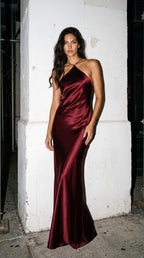 The Elora Liquid Silk Halter in Rich Burgundy