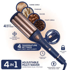 Vesper 4-in-1 adjustable multi-wafer curling iron shown on a light beige background with feature callouts, before/after hair style examples, temperature settings, and icons for plate lock and swivel cord.