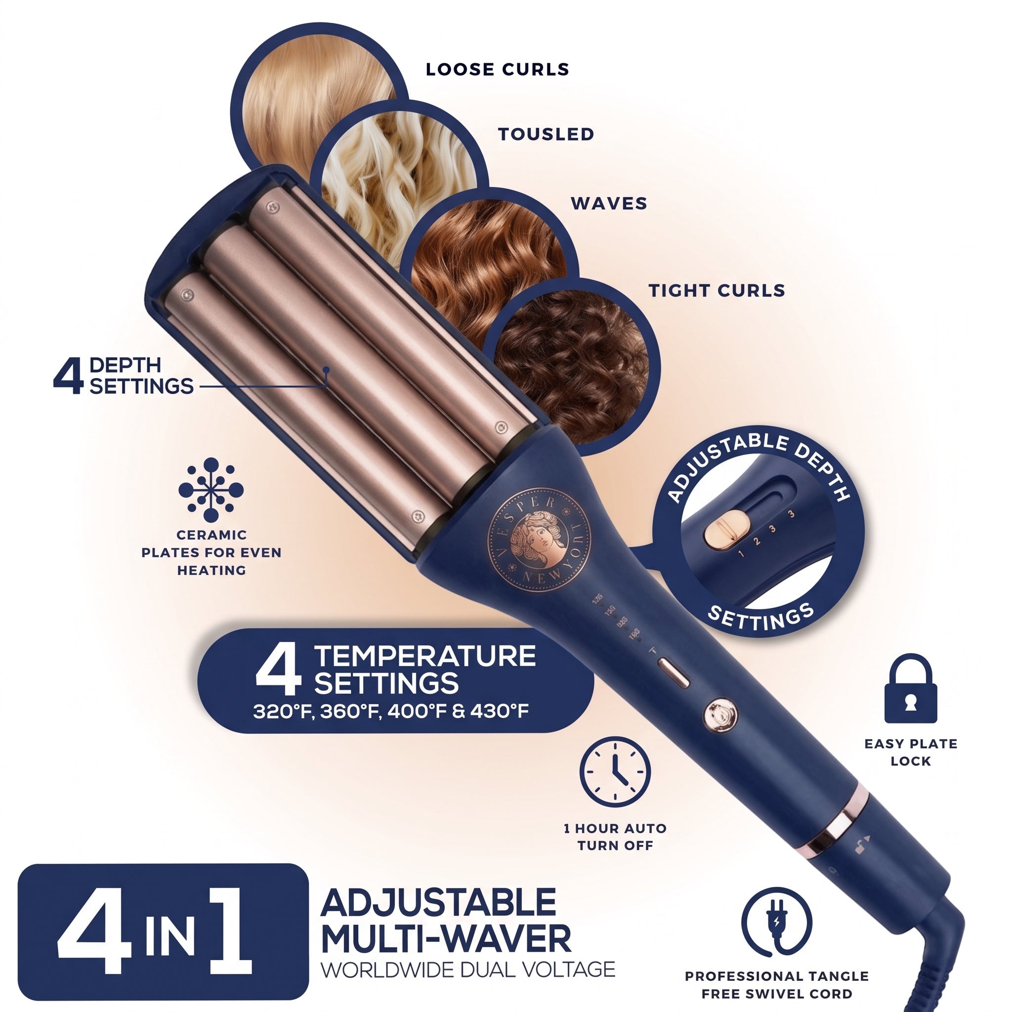 Vesper 4-in-1 adjustable multi-wafer curling iron shown on a light beige background with feature callouts, before/after hair style examples, temperature settings, and icons for plate lock and swivel cord.