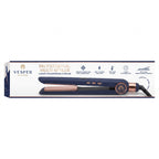 Vesper New York Professional Multi-Styler luxury straightener and curler in navy blue with rose gold accents, shown in its retail packaging box against a white background.
