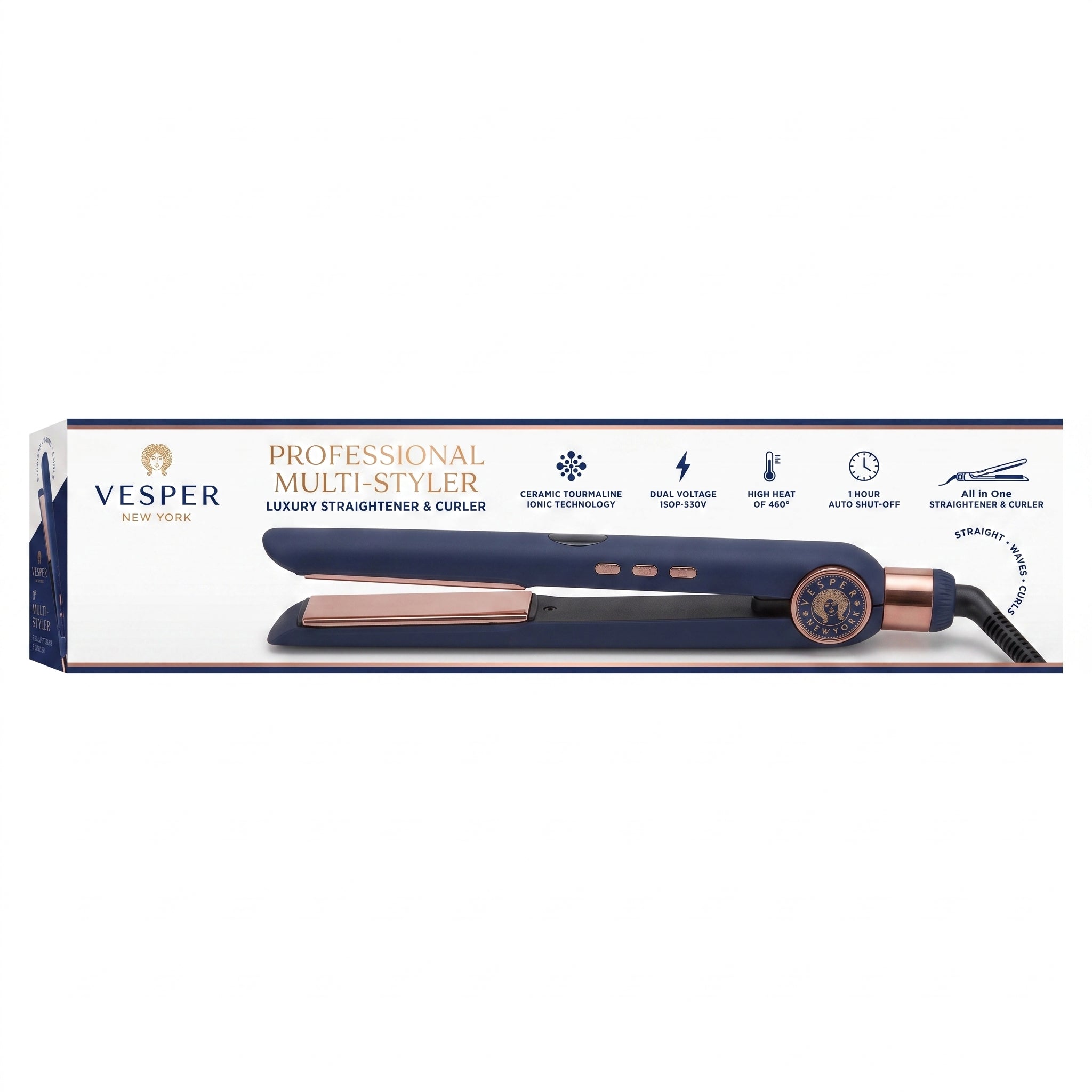 Vesper New York Professional Multi-Styler luxury straightener and curler in navy blue with rose gold accents, shown in its retail packaging box against a white background.