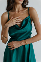 Emerald Green Silk Dress: Backless Cowl Neck Wedding Guest Dress