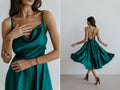Emerald Green Silk Dress: Backless Cowl Neck Wedding Guest Dress