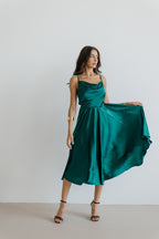 Emerald Green Silk Dress: Backless Cowl Neck Wedding Guest Dress