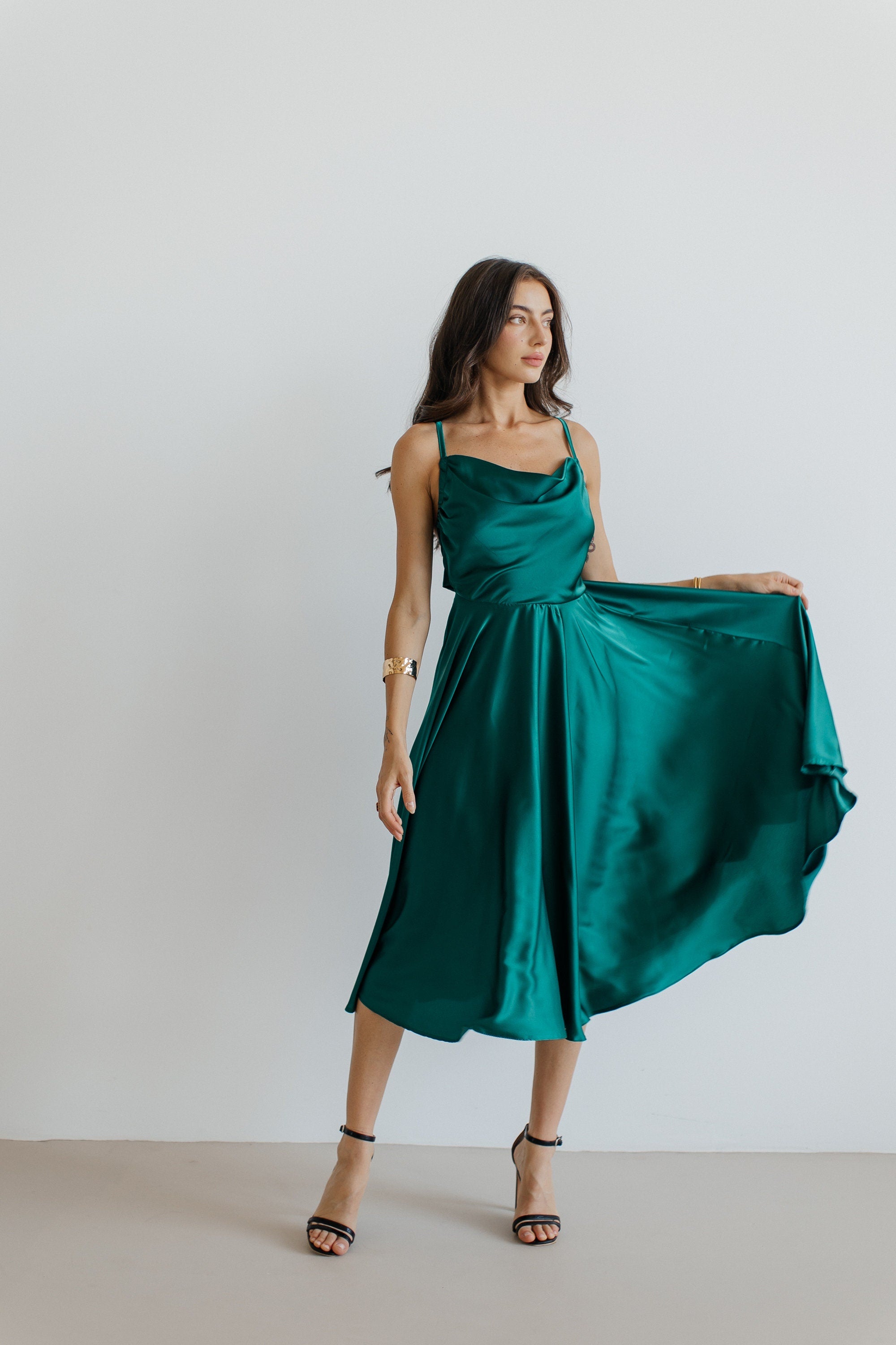 Emerald Green Silk Dress: Backless Cowl Neck Wedding Guest Dress