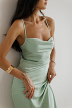Emerald Green Silk Dress: Backless Cowl Neck Wedding Guest Dress