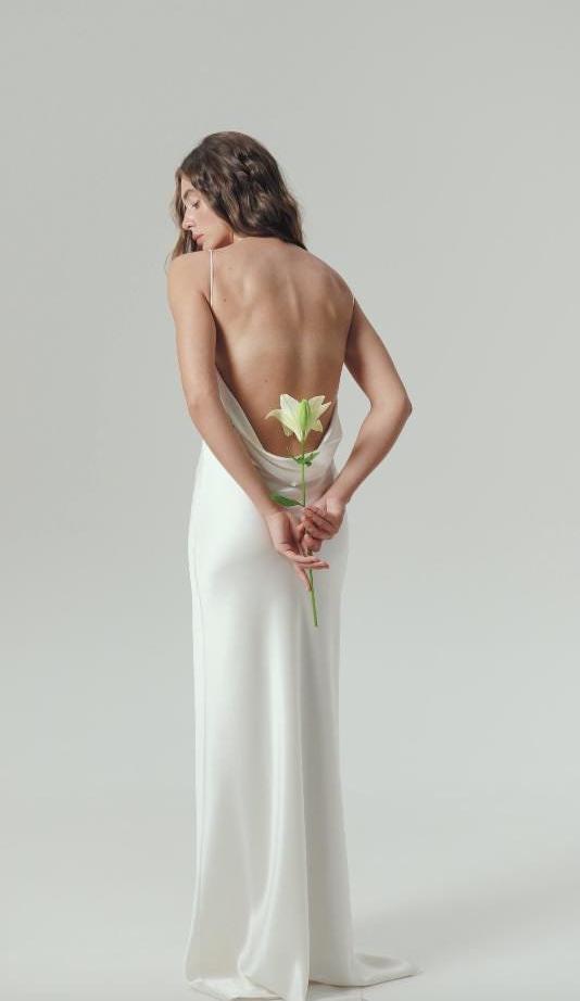 Simple 100% silk wedding dress with cowl neck and open back, with train or without