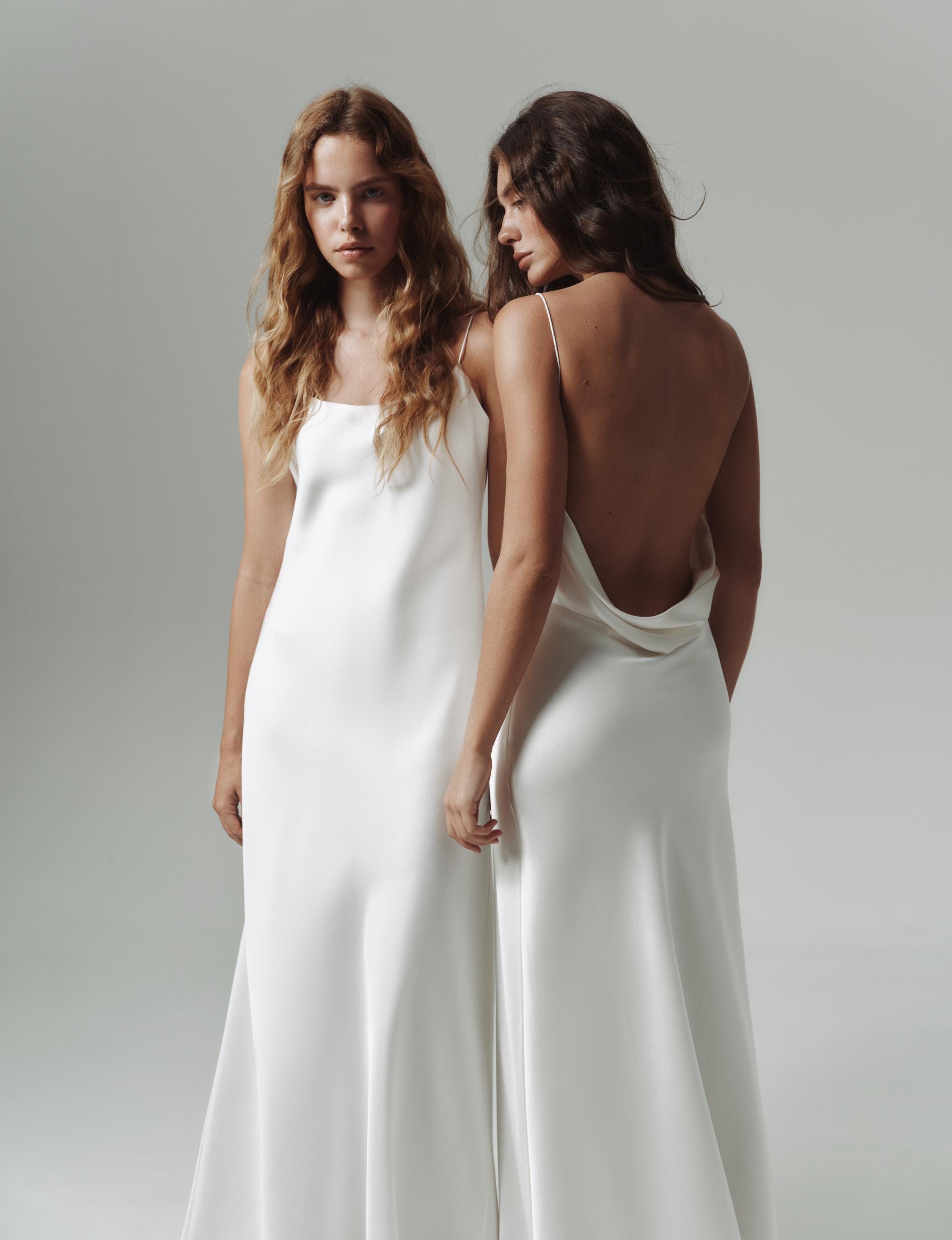 Simple 100% silk wedding dress with cowl neck and open back, with train or without