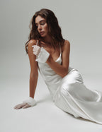 Simple 100% silk wedding dress with cowl neck and open back, with train or without