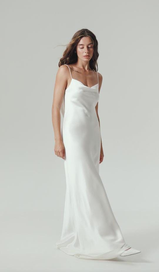 Simple 100% silk wedding dress with cowl neck and open back, with train or without