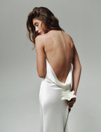 Simple 100% silk wedding dress with cowl neck and open back, with train or without