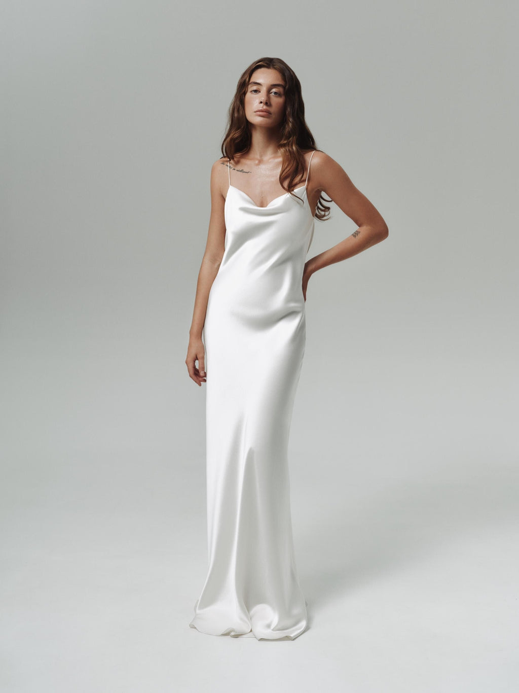 Simple 100% silk wedding dress with cowl neck and open back, with train or without