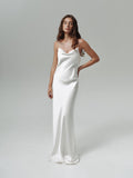 Simple 100% silk wedding dress with cowl neck and open back, with train or without
