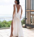 White Civil Ceremony Dress with High Slit and Ruffle Detail - Elegant Bridal Satin Gown with Cowl Neck, White Maxi Dress for Modern Wedding