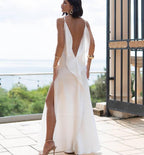 White Civil Ceremony Dress with High Slit and Ruffle Detail - Elegant Bridal Satin Gown with Cowl Neck, White Maxi Dress for Modern Wedding