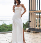 White Civil Ceremony Dress with High Slit and Ruffle Detail - Elegant Bridal Satin Gown with Cowl Neck, White Maxi Dress for Modern Wedding