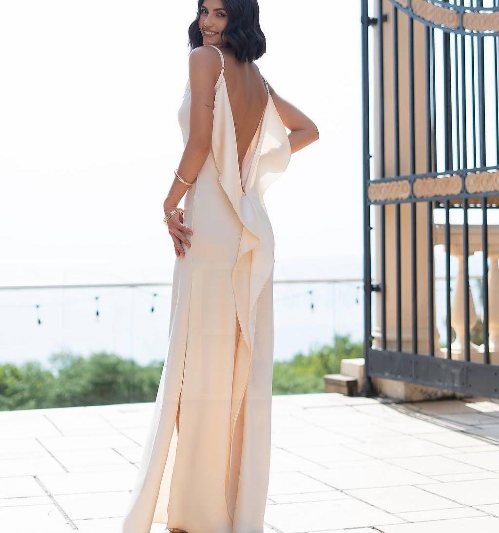 White Civil Ceremony Dress with High Slit and Ruffle Detail - Elegant Bridal Satin Gown with Cowl Neck, White Maxi Dress for Modern Wedding