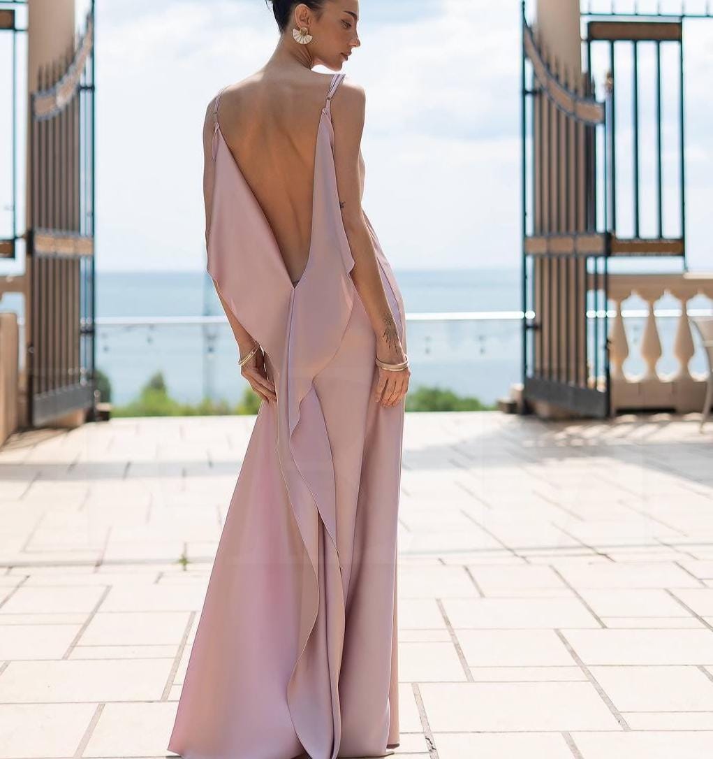 White Civil Ceremony Dress with High Slit and Ruffle Detail - Elegant Bridal Satin Gown with Cowl Neck, White Maxi Dress for Modern Wedding