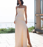 White Civil Ceremony Dress with High Slit and Ruffle Detail - Elegant Bridal Satin Gown with Cowl Neck, White Maxi Dress for Modern Wedding
