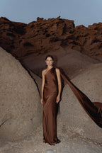 Satin Silk Maxi Dress: Brown Backless Wedding Guest Dress