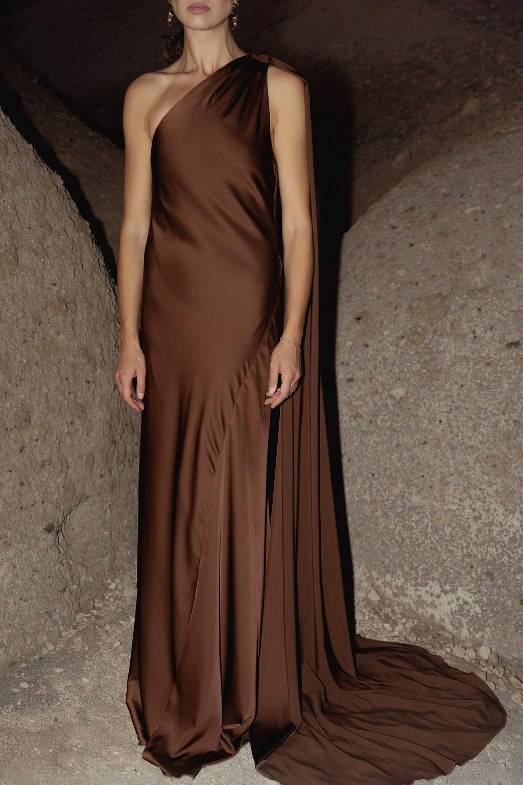 Satin Silk Maxi Dress: Brown Backless Wedding Guest Dress