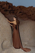 Satin Silk Maxi Dress: Brown Backless Wedding Guest Dress