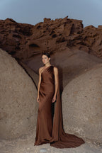 Satin Silk Maxi Dress: Brown Backless Wedding Guest Dress