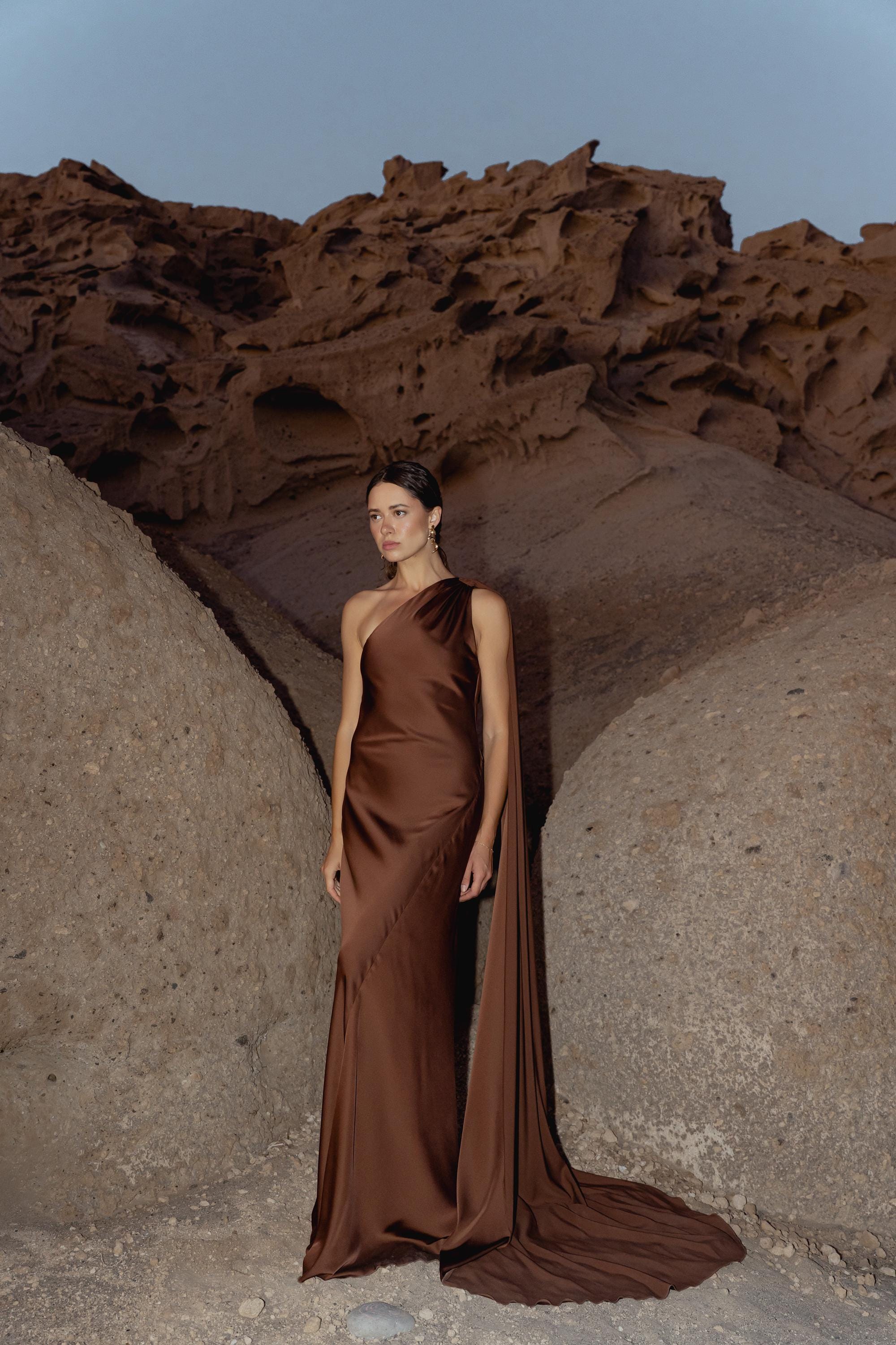 Satin Silk Maxi Dress: Brown Backless Wedding Guest Dress