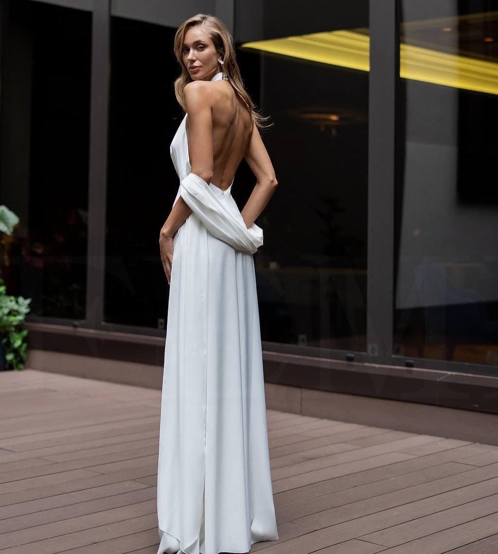 Cowl Back Maxi Dress - Elegant Chocolate Bridesmaid Gown with Halter Straps , Silk Full Length Wedding Guest Dress with Scarf for Evening
