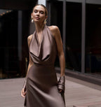 Cowl Back Maxi Dress - Elegant Chocolate Bridesmaid Gown with Halter Straps , Silk Full Length Wedding Guest Dress with Scarf for Evening