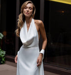 Cowl Back Maxi Dress - Elegant Chocolate Bridesmaid Gown with Halter Straps , Silk Full Length Wedding Guest Dress with Scarf for Evening