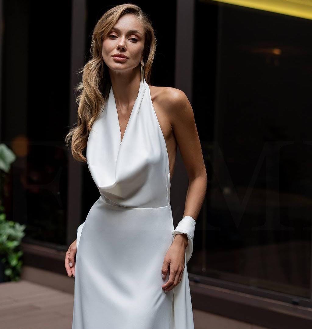 Cowl Back Maxi Dress - Elegant Chocolate Bridesmaid Gown with Halter Straps , Silk Full Length Wedding Guest Dress with Scarf for Evening