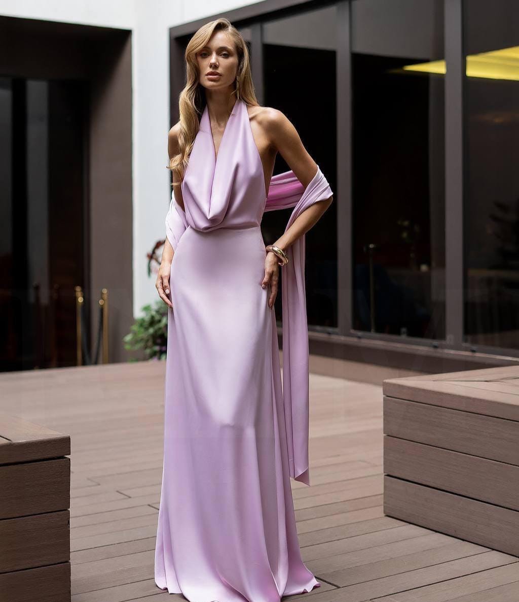 Cowl Back Maxi Dress - Elegant Chocolate Bridesmaid Gown with Halter Straps , Silk Full Length Wedding Guest Dress with Scarf for Evening