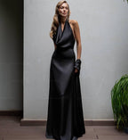 Cowl Back Maxi Dress - Elegant Chocolate Bridesmaid Gown with Halter Straps , Silk Full Length Wedding Guest Dress with Scarf for Evening