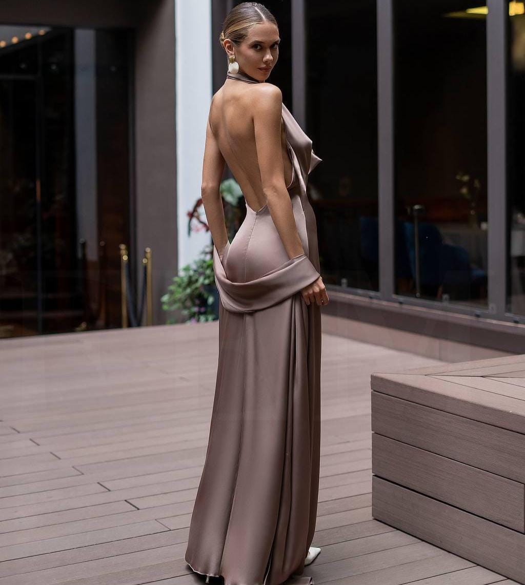 Cowl Back Maxi Dress - Elegant Chocolate Bridesmaid Gown with Halter Straps , Silk Full Length Wedding Guest Dress with Scarf for Evening