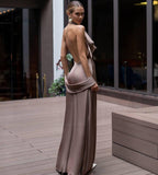Cowl Back Maxi Dress - Elegant Chocolate Bridesmaid Gown with Halter Straps , Silk Full Length Wedding Guest Dress with Scarf for Evening