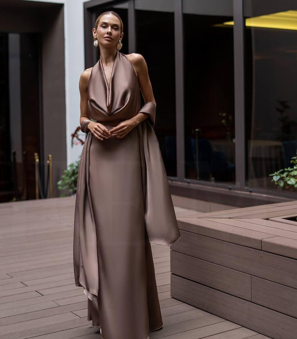 Cowl Back Maxi Dress - Elegant Chocolate Bridesmaid Gown with Halter Straps , Silk Full Length Wedding Guest Dress with Scarf for Evening