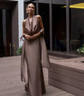 Cowl Back Maxi Dress - Elegant Chocolate Bridesmaid Gown with Halter Straps , Silk Full Length Wedding Guest Dress with Scarf for Evening